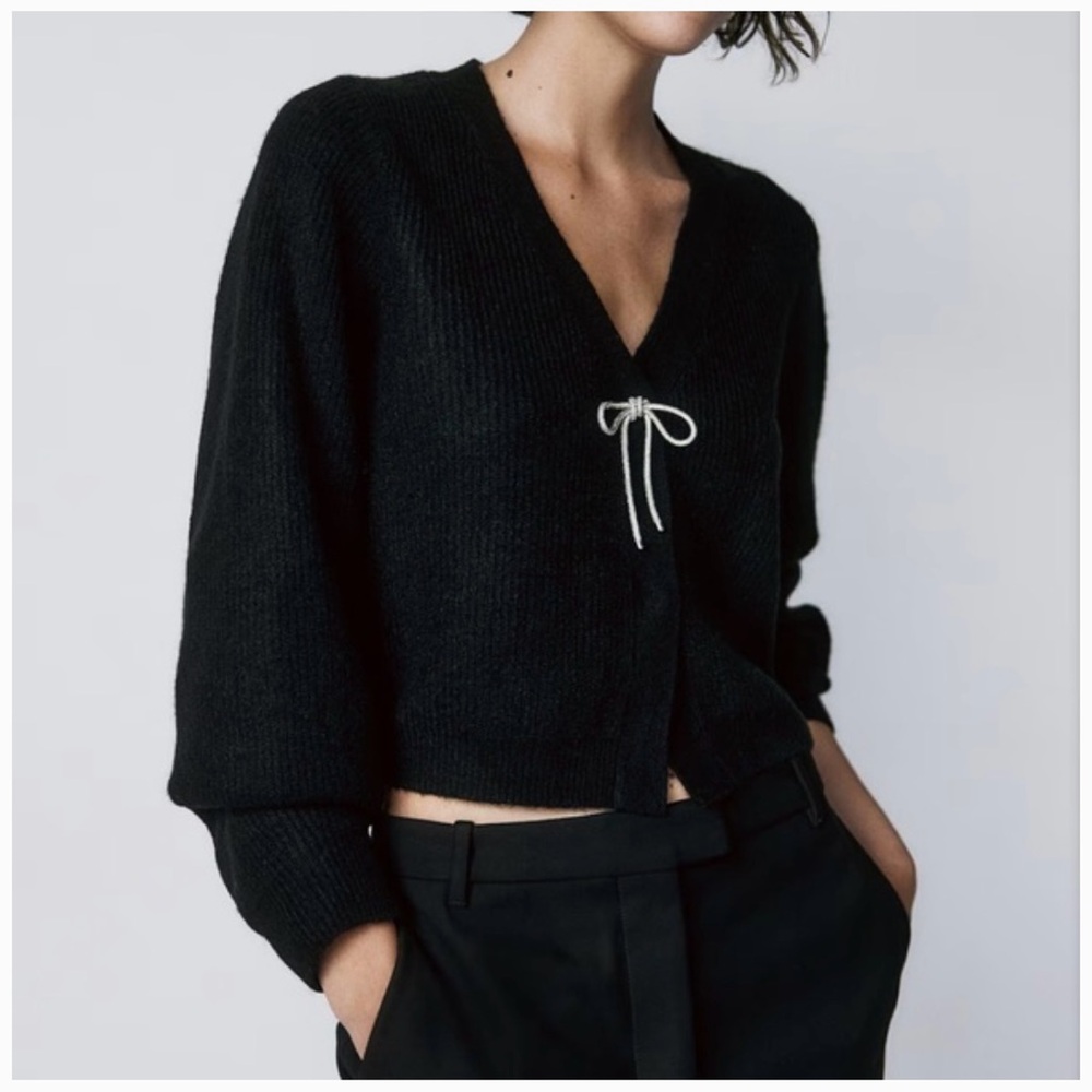 H&M Black V-Neck Cardigan with Tie Detail